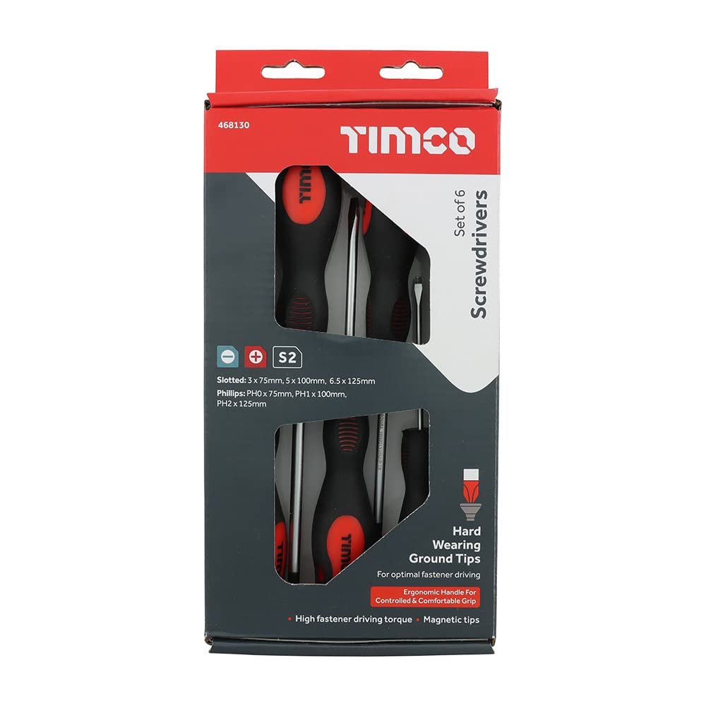 TIMCO Screwdriver Set, 6-Piece, Various Sizes, Ergonomic Soft-Grip Handles, Magnetic Tips, Hardened S2 Carbon Steel