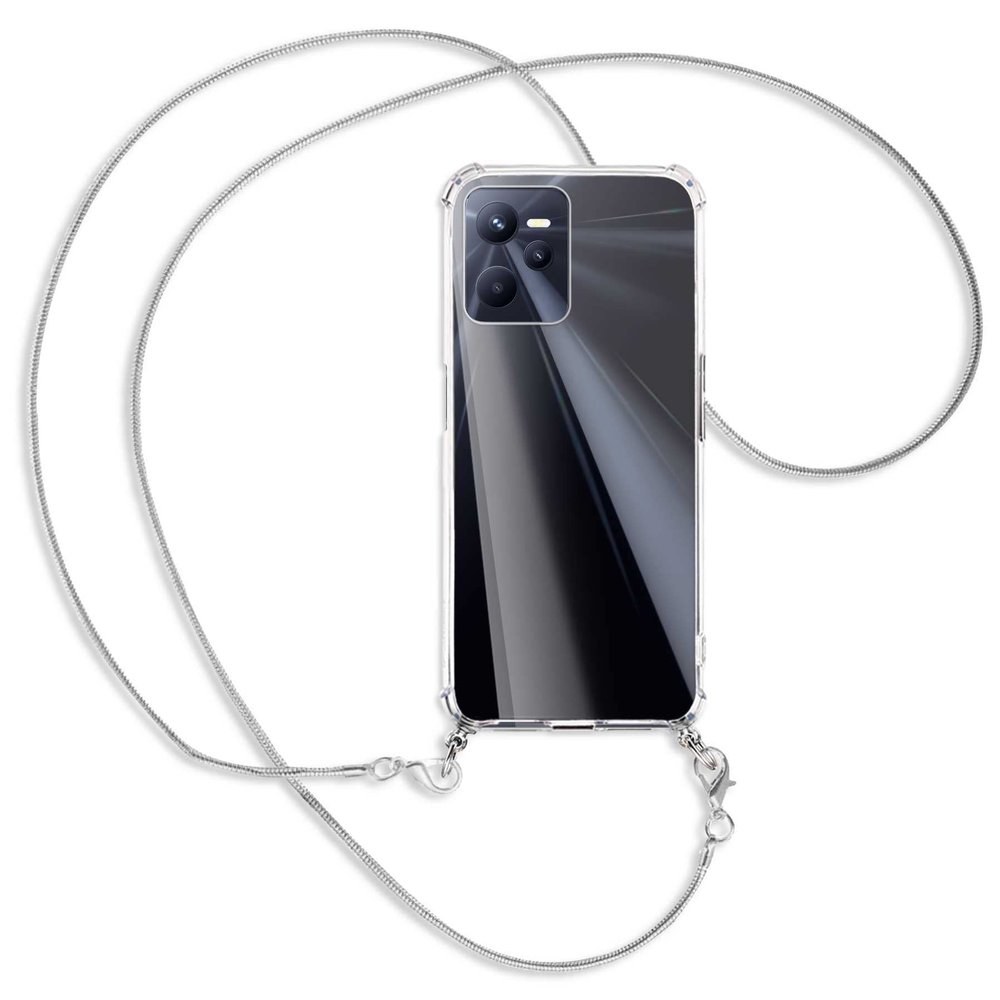 mtb more energy Phone Necklace Case for Realme C35/Narzo 50A Prime (6.6") – Snake Silver Metal Chain, Anti-Shock TPU
