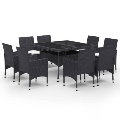 Gecheer 9-Piece Patio Dining Set for 8, Black PE Rattan with Glass Tabletop and Cushions