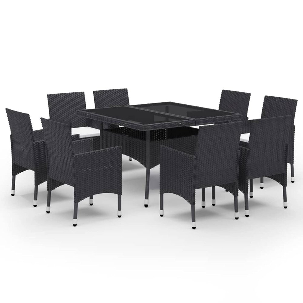 Gecheer 9-Piece Patio Dining Set for 8, Black PE Rattan with Glass Tabletop and Cushions