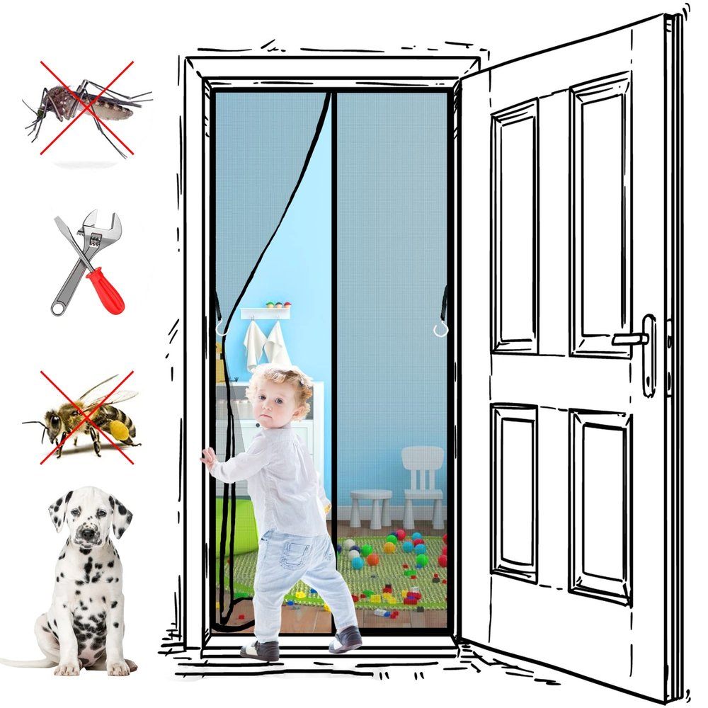 Magnetic Insect Screen Door Curtain, No-Drill Adhesive Mount, Black, 110 x 230 cm