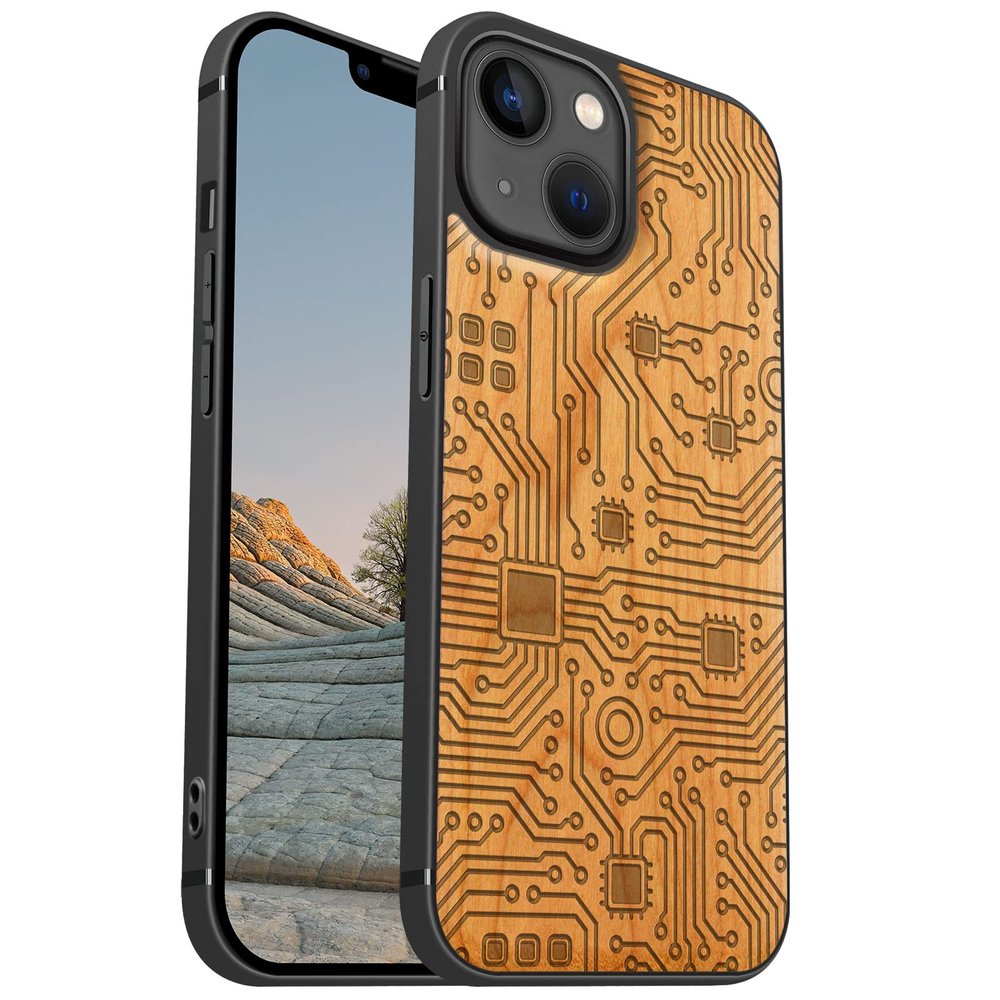 Carveit Wooden Case for iPhone 13, Cherry Wood Mainboard