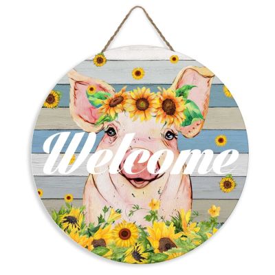 Unbranded Welcome Porch Sign, Pig, Farmhouse, Sunflower, Cartoon Hanger, Outdoor Wall Art Decor, Round Wooden Sign, Rustic Gifts for Pet Lovers, 30 x 30 cm