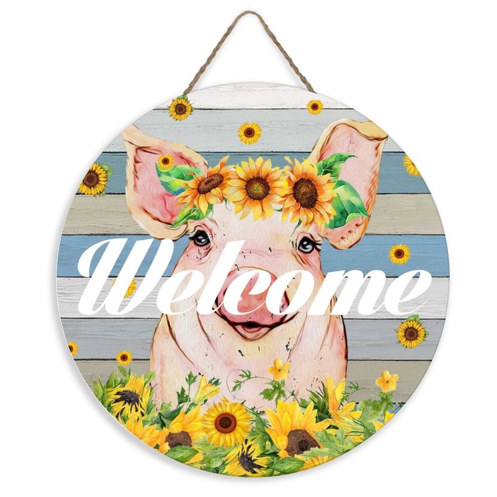 Unbranded Welcome Porch Sign, Pig, Farmhouse, Sunflower, Cartoon Hanger, Outdoor Wall Art Decor, Round Wooden Sign, Rustic Gifts for Pet Lovers, 30 x 30 cm
