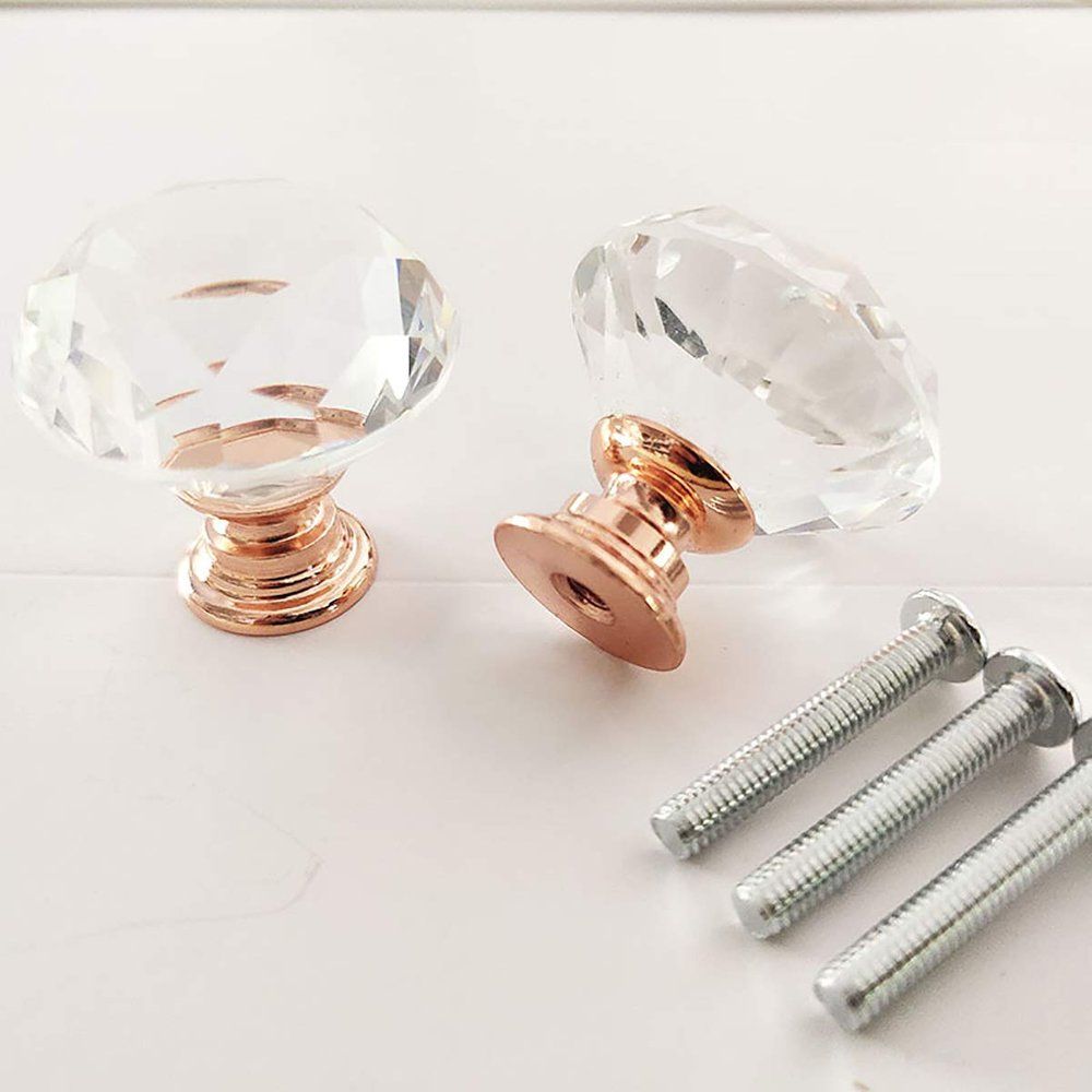 30 mm Diamond-Cut Crystal Glass Knob with M4 x 22 mm Screws, Rose Gold Base