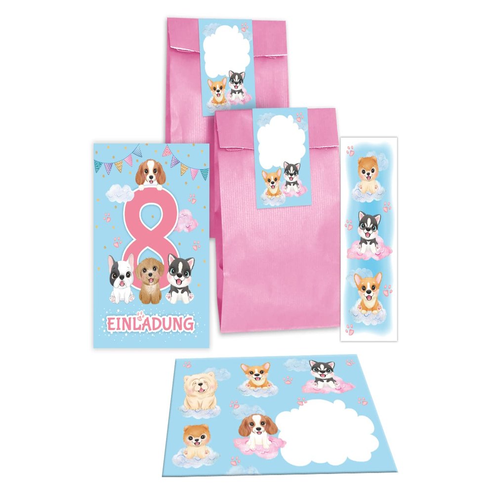 Junapack 8th Birthday Invitations for Girls, Dogs, 12-Count Set