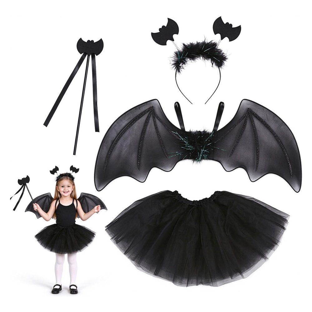 DERAYEE Kids' Halloween Bat Costume with Wings, Headband, Wand, and Skirt