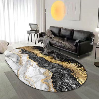 SRTJURFG Oval Low-Pile Non-Slip Rug, Washable Abstract Black and Gold Plush Protective Mat, 80 x 160 cm
