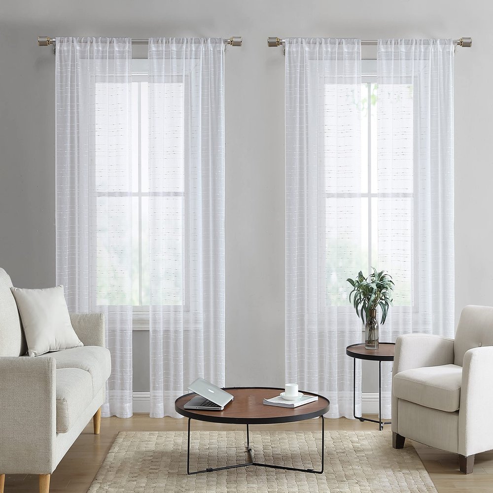 Laura Ashley Lehman Sheer Curtains with Rod Pocket, 38 x 108 in, White, 4 Panels