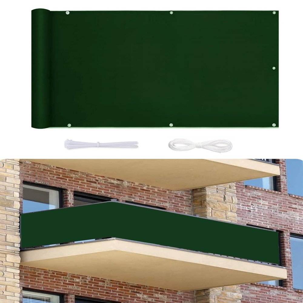 MYUANH Balcony Cover 0.8 x 4.5 m, Wind and UV Protection, No-Drill Balcony Railing Cover, Dark Green