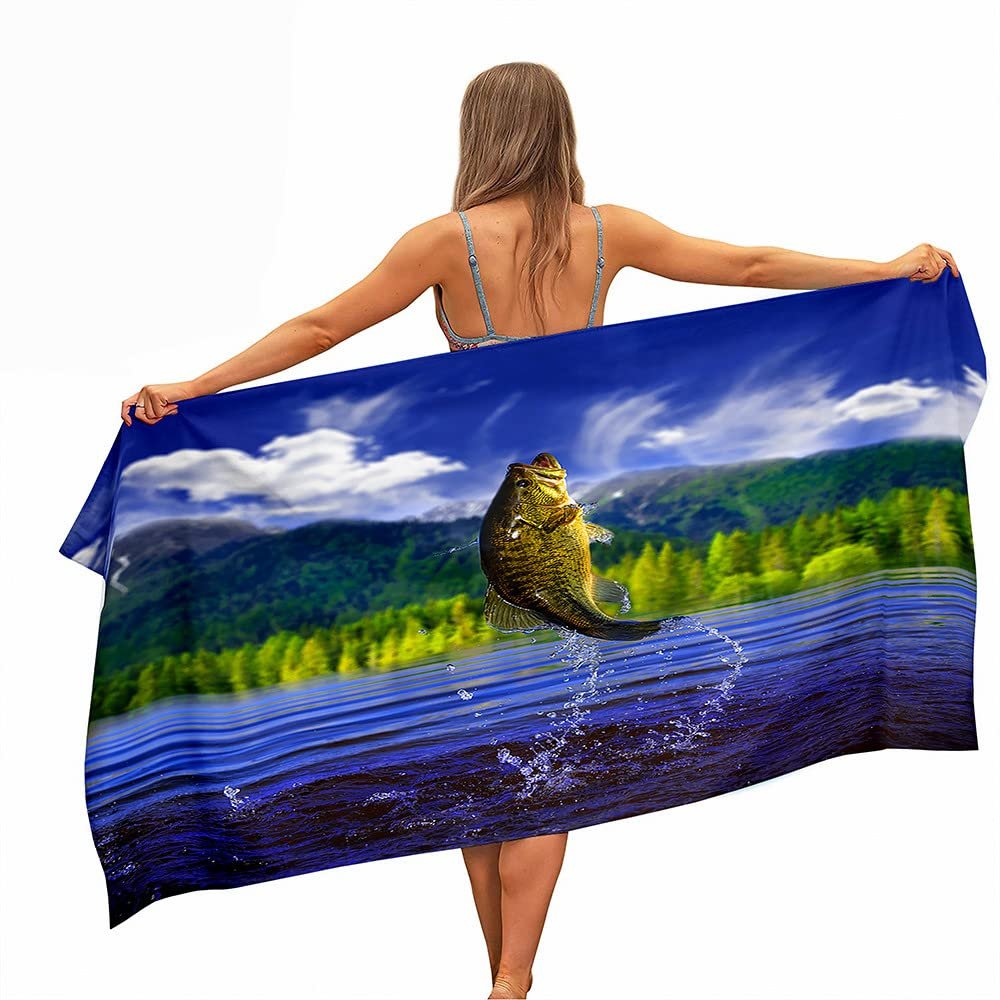 Chickwin 3D Seabass Pattern Microfiber Beach Towel, Large Lightweight Rectangular Bath Towel, Quick-Drying, for Bath, Pool, Travel, Vacation, Beach, Gift (Small Lake, 80 x 180 cm)