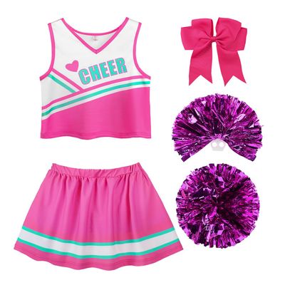 ReliBeauty Cheerleader Costume for Kids, Dress with Pompoms and Headband, Pink, Size 150