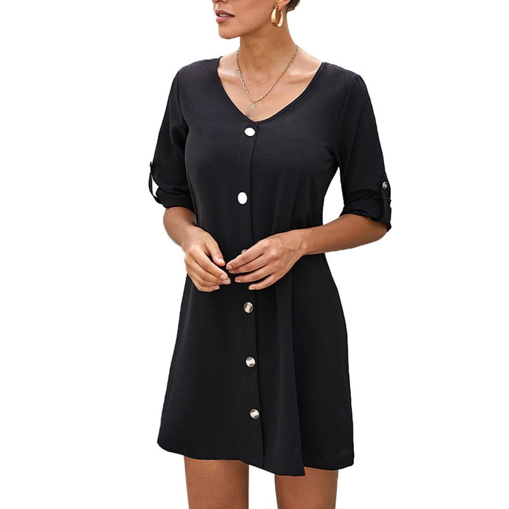 Women's Casual Mini Dress, A-Line, Button-Front, Solid Color, V-Neck, Long Sleeve, Black, Size S