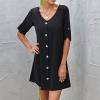 Women's Casual Mini Dress, A-Line, Button-Front, Solid Color, V-Neck, Long Sleeve, Black, Size S view 2