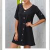 Women's Casual Mini Dress, A-Line, Button-Front, Solid Color, V-Neck, Long Sleeve, Black, Size S view 3