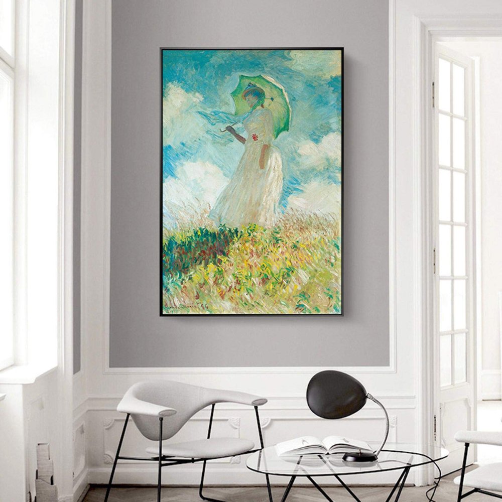Woman with a Parasol by Monet Canvas Painting Poster, Famous Wall Art for Living Room Decor, 80 x 120 cm (31 x 47 in), Inner Frame