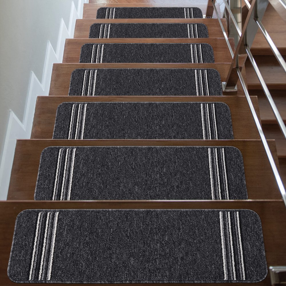 CAMILSON Stair Treads for Indoor and Outdoor Use, Non-Slip Carpet Pads, Pet Stair Covers, Set of 13, Line Dark Gray