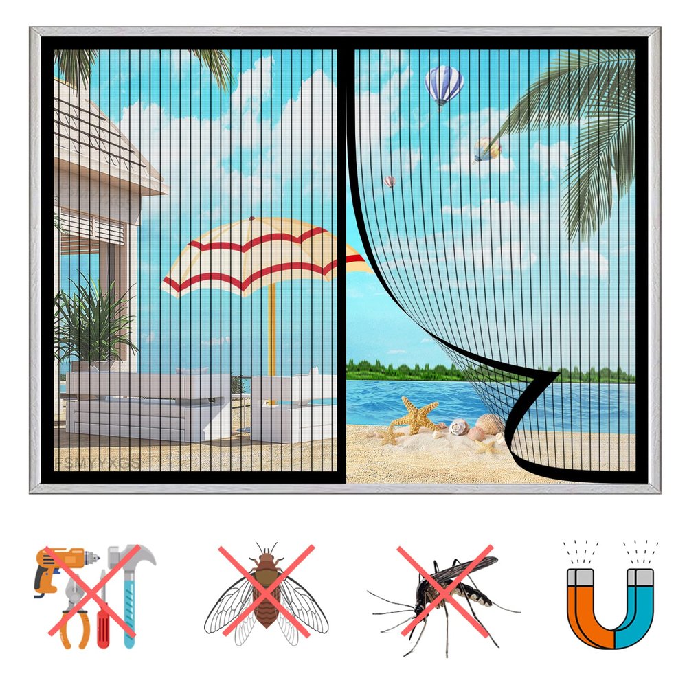 Magnetic Window Insect Screen, Self-Adhesive No-Drill Mosquito Curtain, Black, 39 x 64 in (100 x 165 cm)