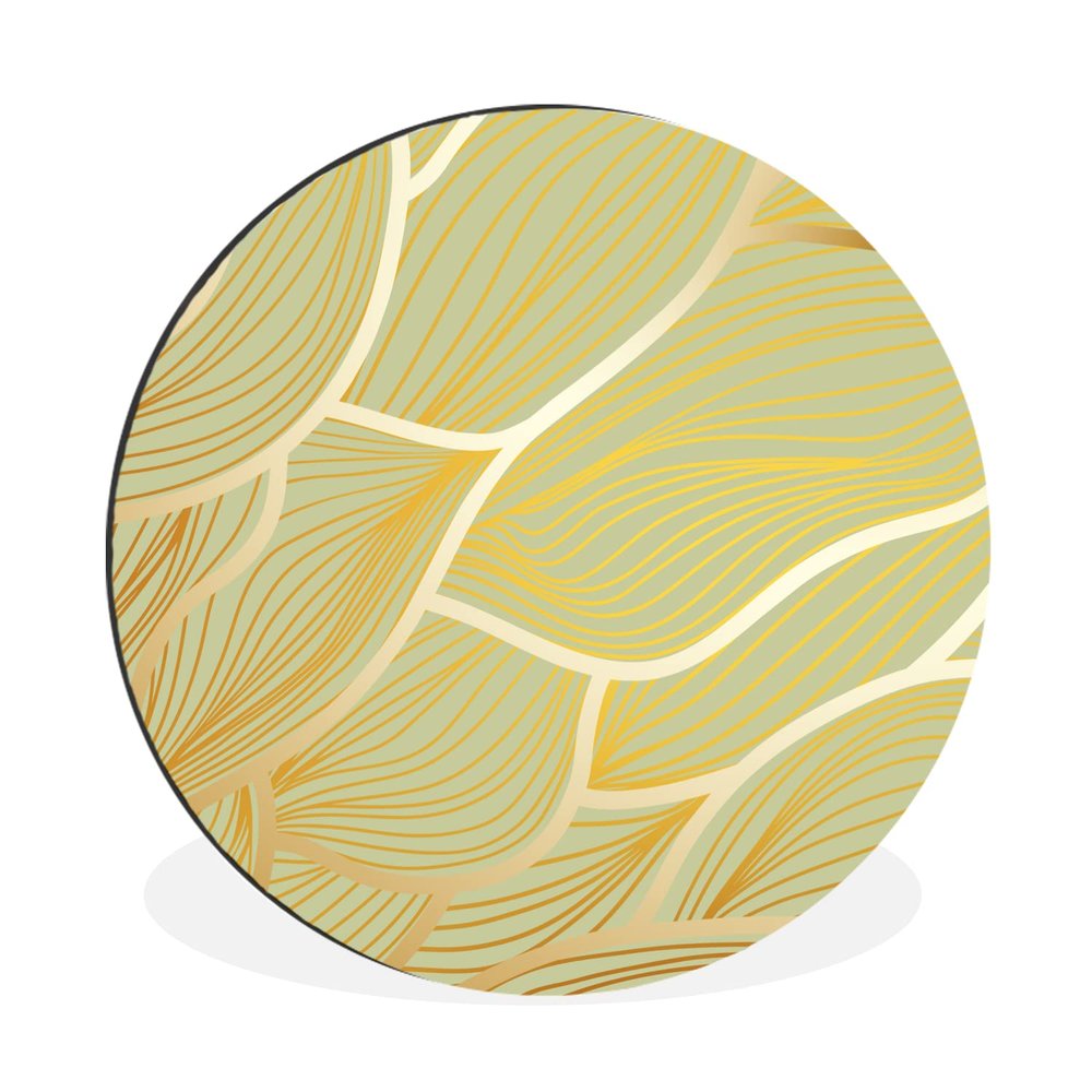 MuchoWow Round Wall Art, Gold Waves on Green Background, 60 x 60 cm
