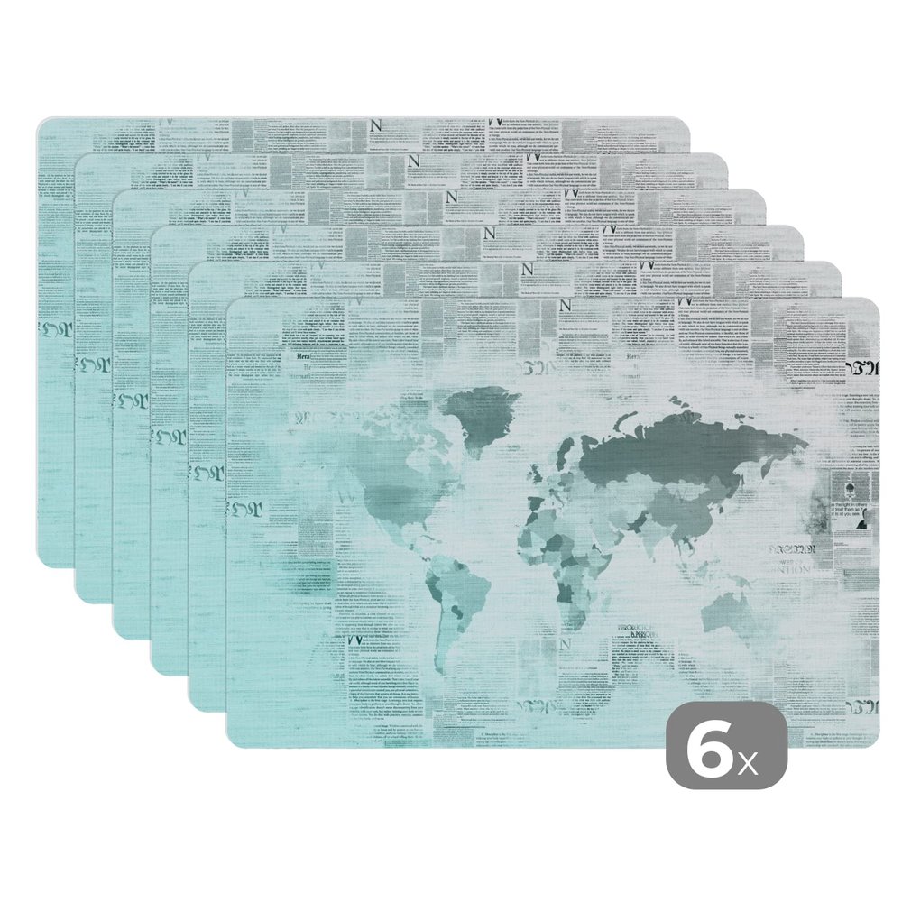 Placemats, Set of 6, Table Decor, Coasters, 45 x 30 cm, World Map - Newspaper - Blue