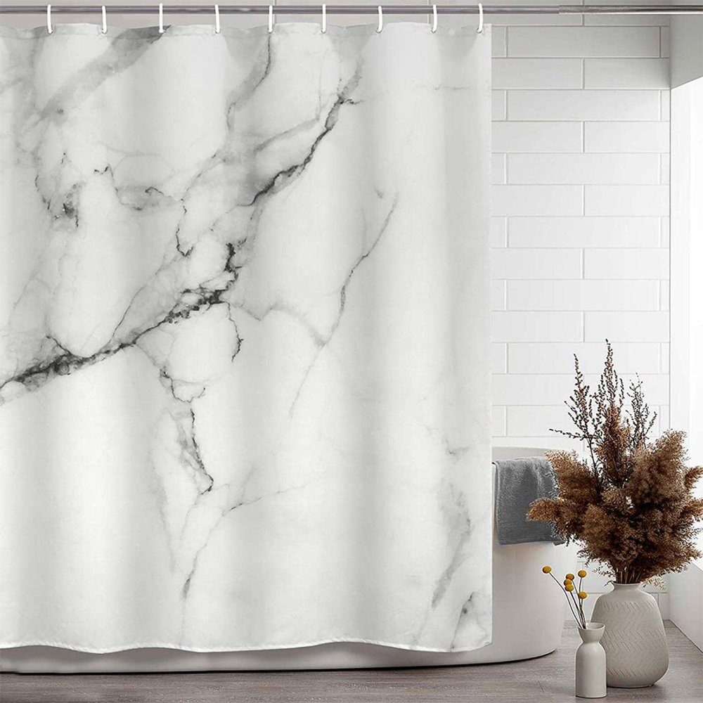 Natural Marble Print Shower Curtain, Machine Washable, White and Gray, 100 x 200 cm (W x H)