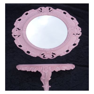 Generic Oval Wall Mirror and Console Set, Pink, Baroque Antique Style