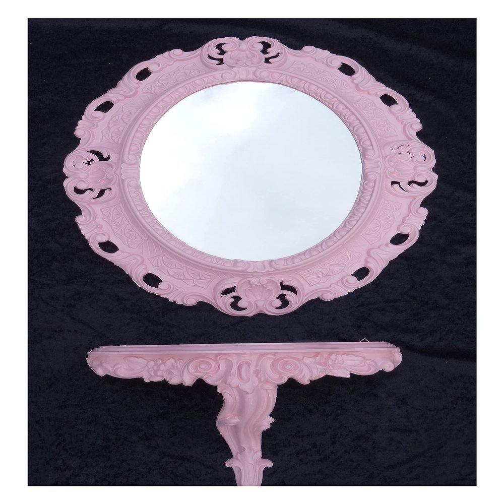 Generic Oval Wall Mirror and Console Set, Pink, Baroque Antique Style