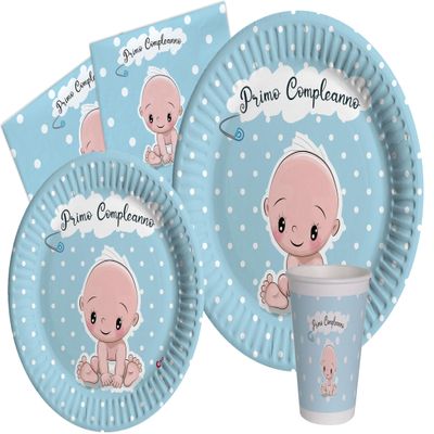 Ciao Primo Compleanno Party Tableware Set for 24, 112 Pieces, Sky Blue