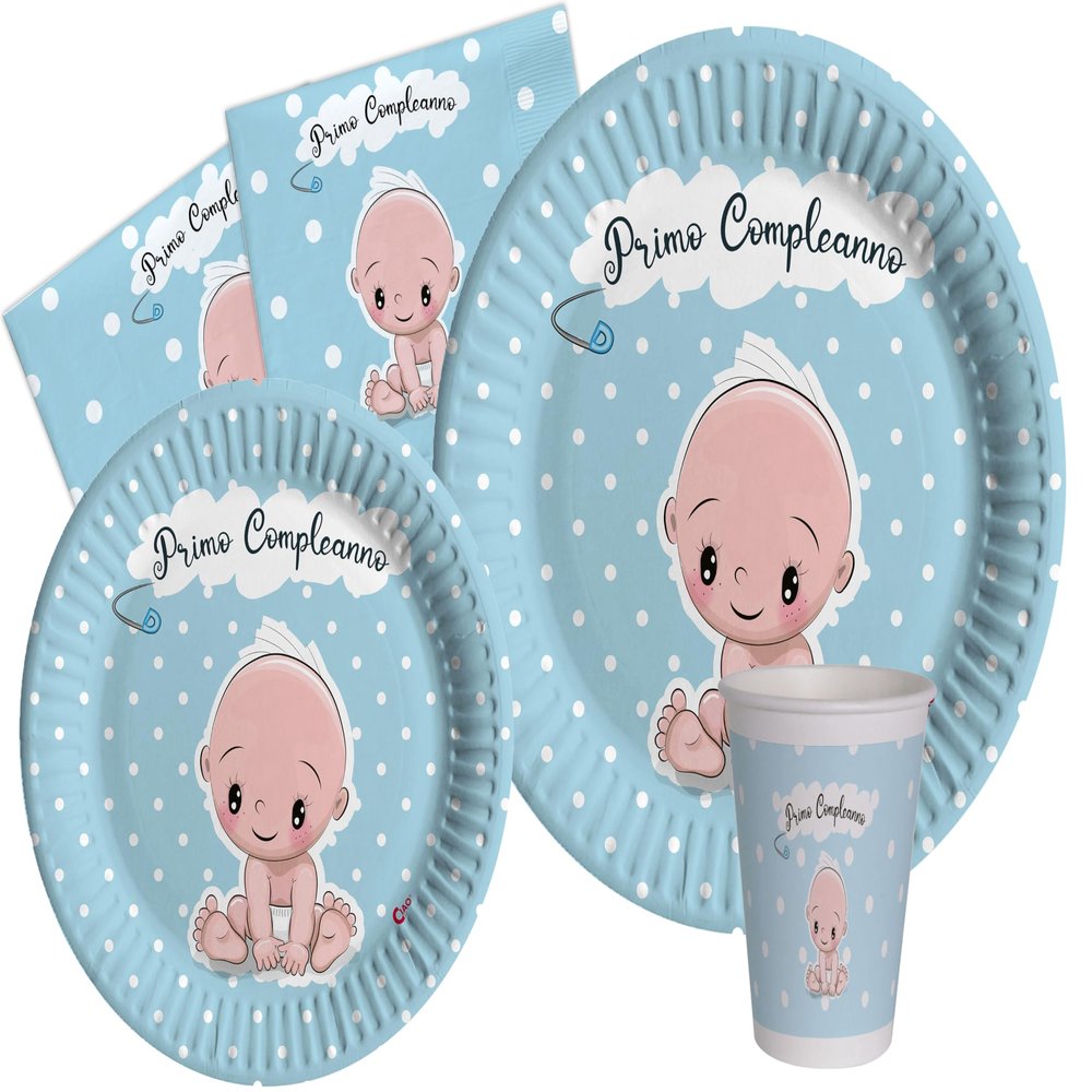 Ciao Primo Compleanno Party Tableware Set for 24, 112 Pieces, Sky Blue