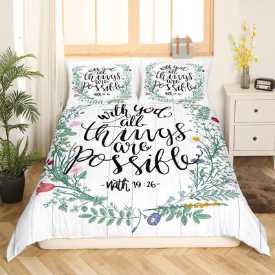 Inspirational Quote Botanical Leaf Duvet Cover Set, 220 x 240 cm