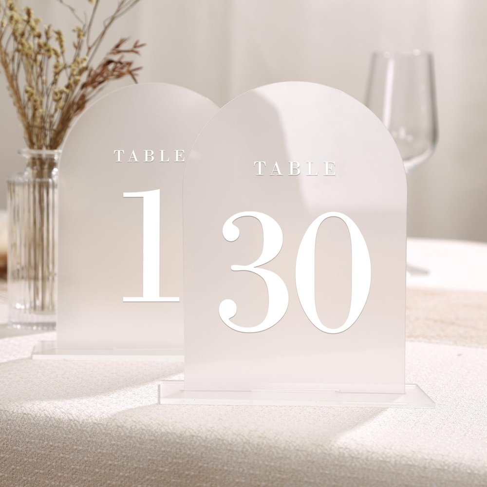 UNIQOOO Wedding Table Number Set with Frosted Arch, 12.7 x 17.8 cm, Printed Calligraphy, Table Number Signs and Holders