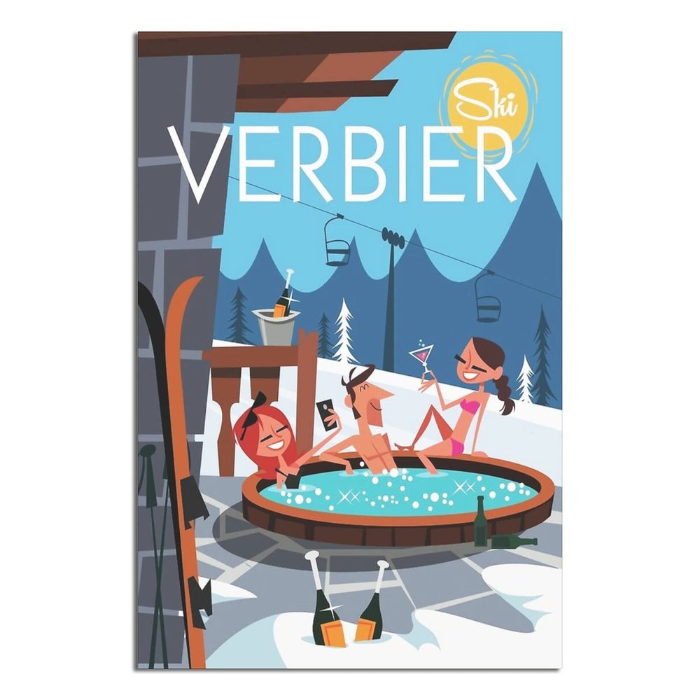 Verbier Valais Switzerland Bath Vintage Travel Poster, Canvas Wall Art, 20 x 30 cm