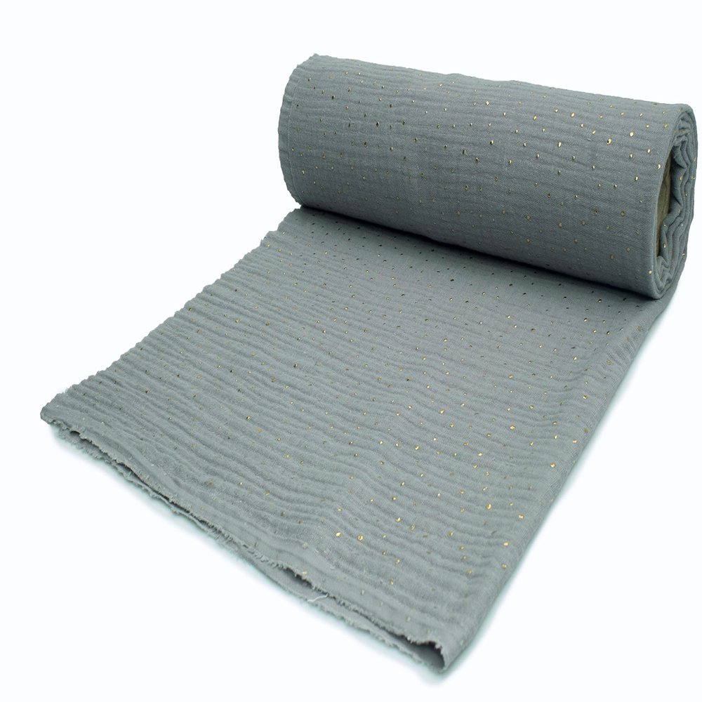 Cotton Muslin Fabric with Gold Dots, Double Gauze, 50 x 130 cm (Gray)