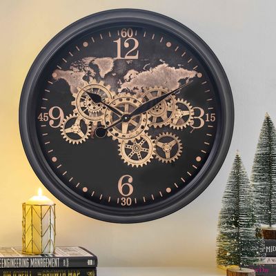 CLXEAST 60 cm Wall Clock with Moving Gears and World Map, Large Black and Gold Metal Clock for Modern Farmhouse Living Room Decor