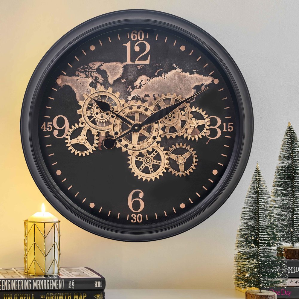 CLXEAST 60 cm Wall Clock with Moving Gears and World Map, Large Black and Gold Metal Clock for Modern Farmhouse Living Room Decor
