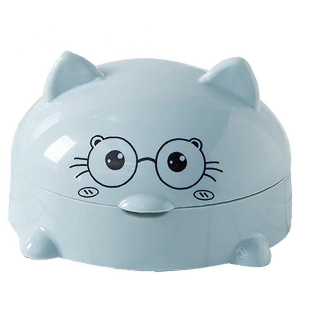 Vepoty Cartoon Cat Soap Dish with Lid, Travel Soap Box, Blue