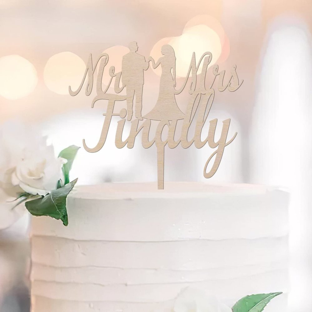 Finally Personalized Mr. & Mrs. Wedding Cake Topper – Natural Wood Bride & Groom Silhouette