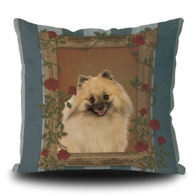 Vintage Pomeranian Dog Floral Photo Frame Pillow Cover, 45.7 x 45.7 cm