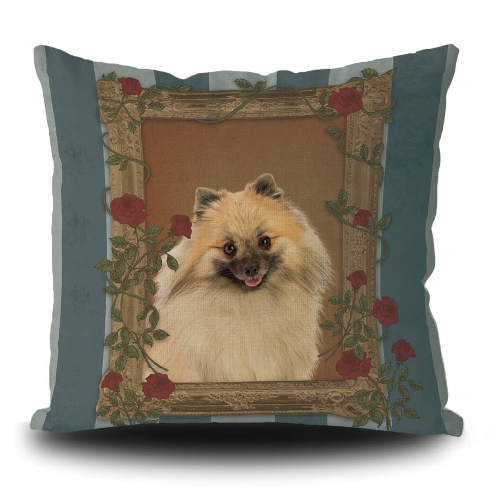 Vintage Pomeranian Dog Floral Photo Frame Pillow Cover, 45.7 x 45.7 cm