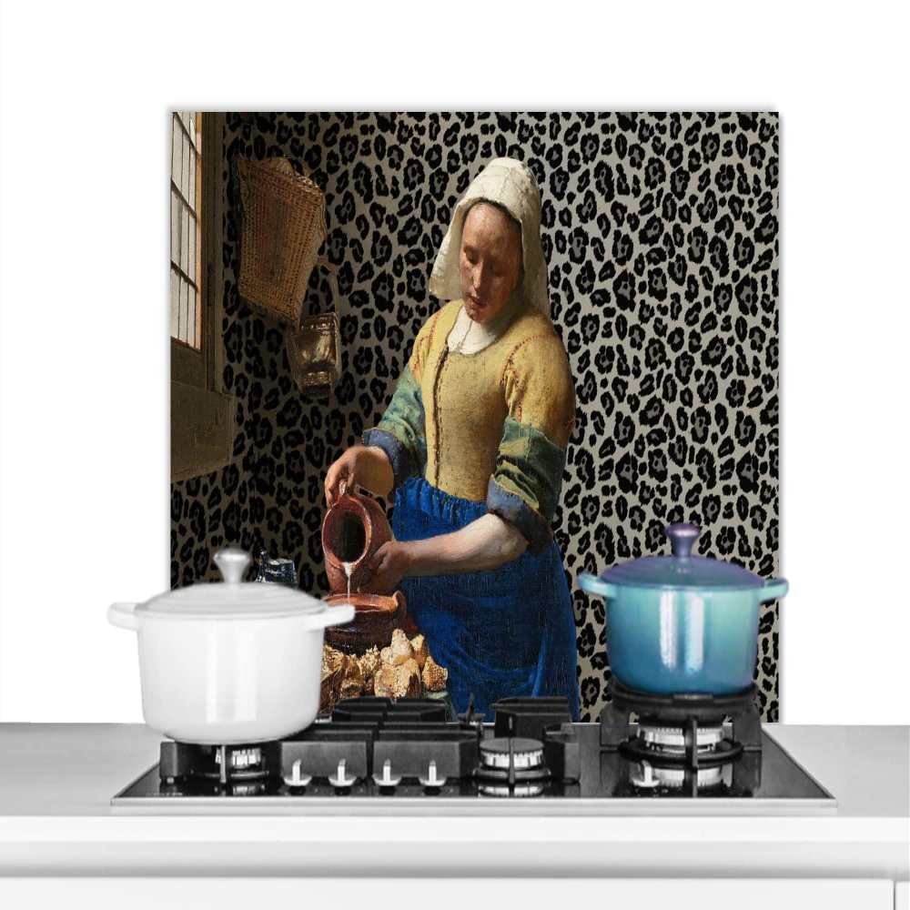 MuchoWow Kitchen Splashback Aluminum Poster 90 x 60 cm, The Milkmaid by Vermeer with Panther Print