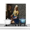 MuchoWow Kitchen Splashback Aluminum Poster 90 x 60 cm, The Milkmaid by Vermeer with Panther Print view 1