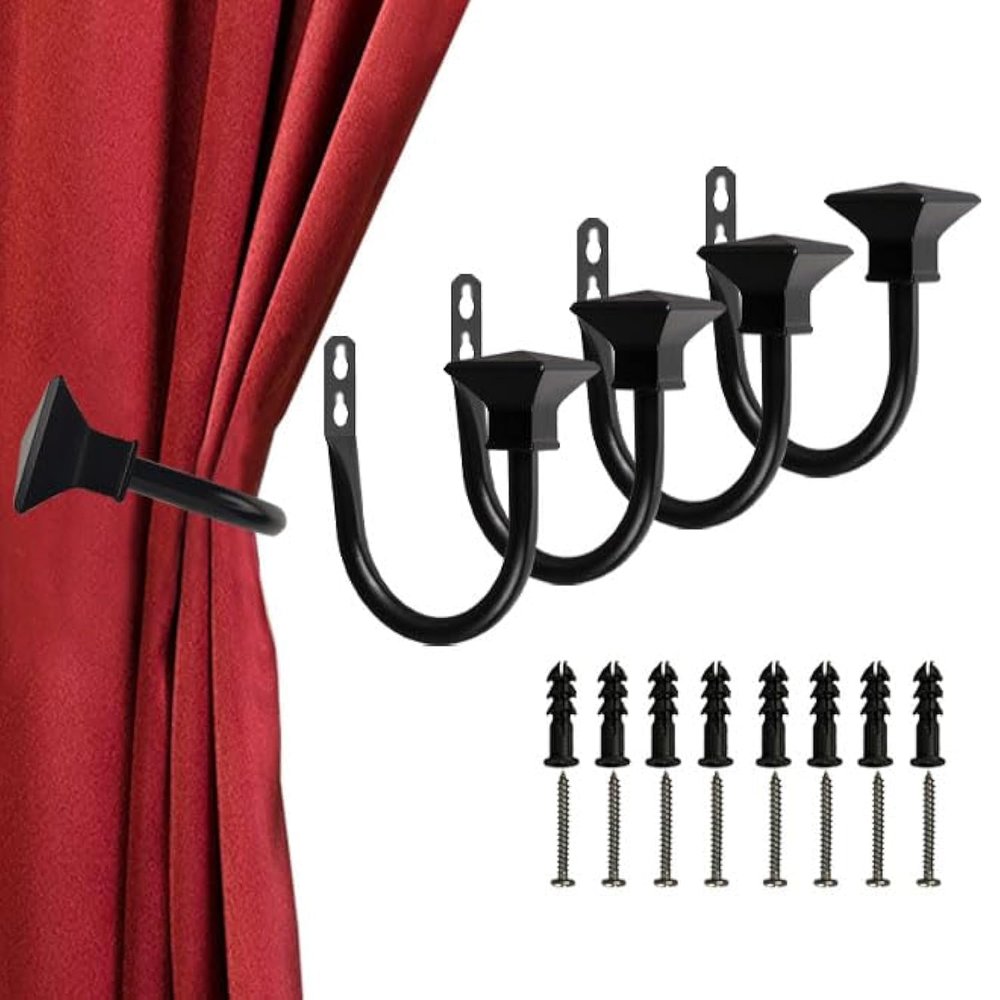 Kowibcl 4-Pack Square Decorative Curtain Holdbacks, Wall-Mounted, Black