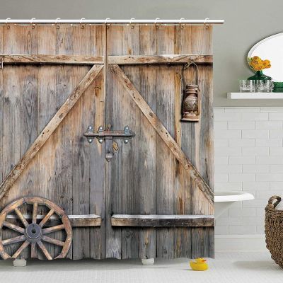 Rustic Farmhouse Barn Door Shower Curtain, Western Country Vintage Bathroom Decor, 180 × 220 cm (W × H)