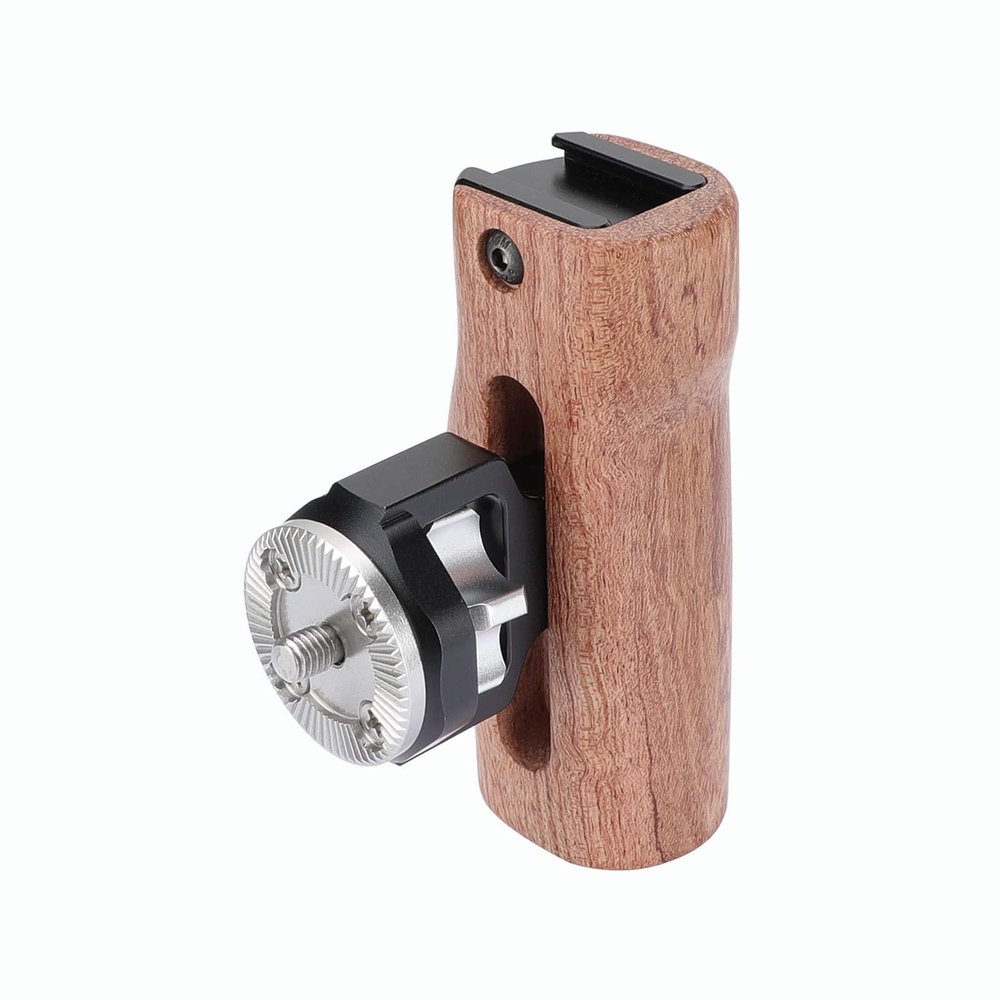 SZRIG Adjustable Wooden DSLR Camera Handle with M6 Rosette Mount and Hot Shoe, Right- or Left-Handed, Brown