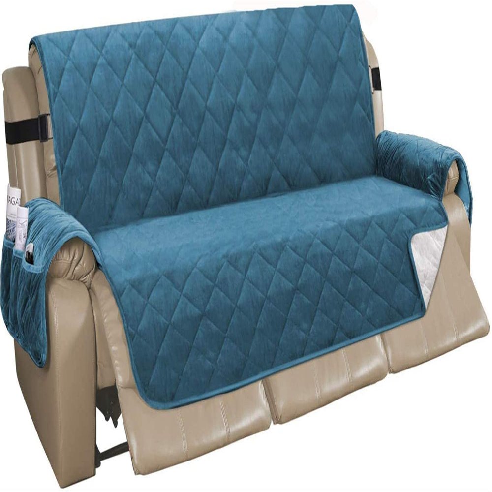 XVBVS Velvet Reclining Sofa Cover, Quilted, Non-Slip, with Straps (Peacock Blue, Size L)