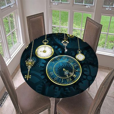 FANSU Round Waterproof Tablecloth, Washable 3D Pocket Watch Print, Elastic, Non-Slip, 55.1 in