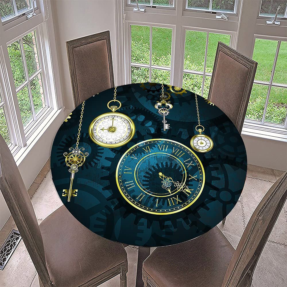 FANSU Round Waterproof Tablecloth, Washable 3D Pocket Watch Print, Elastic, Non-Slip, 55.1 in