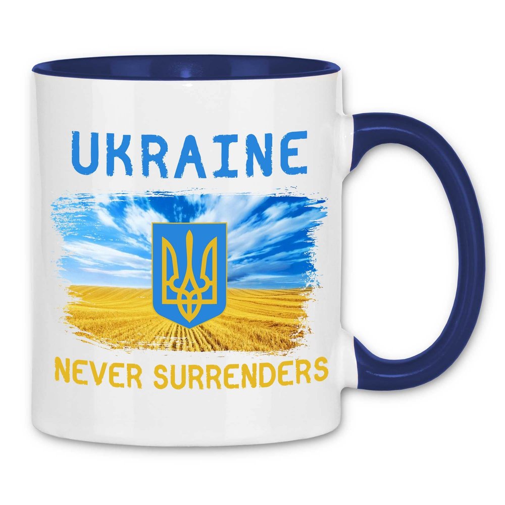 wowshirt Ukraine Never Surrenders Zelenskyy Ukrainian Flag Demo Mug, White-Navy