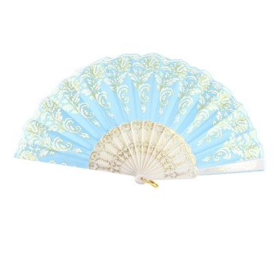 Ruilogod Gold-Tone Powder-Detailing Folding Hand Fan with White Plastic Ribs and Blue Fabric