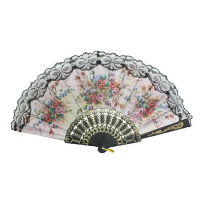 Ruilogod Plastic Ribbed Floral Fabric Folding Hand Fan, Black and Red
